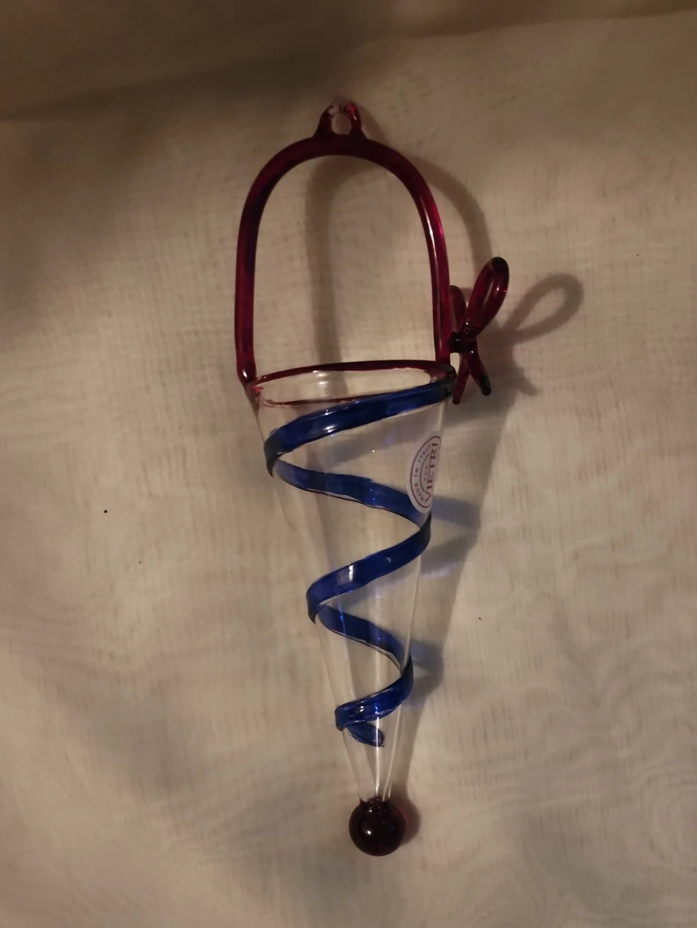Vietri Italy Hand Blown Art Glass Cone Ornament Blue Swirl Red Bow Holiday